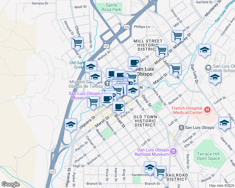 map of restaurants, bars, coffee shops, grocery stores, and more near 796 Higuera Street in San Luis Obispo