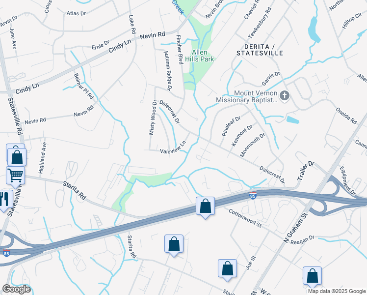 map of restaurants, bars, coffee shops, grocery stores, and more near 4532 Valeview Lane in Charlotte