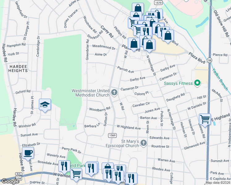 map of restaurants, bars, coffee shops, grocery stores, and more near 1606 West Road in Kinston