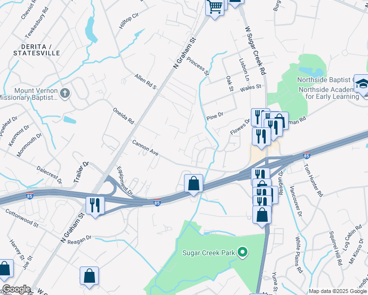 map of restaurants, bars, coffee shops, grocery stores, and more near 1631 Oneida Road in Charlotte