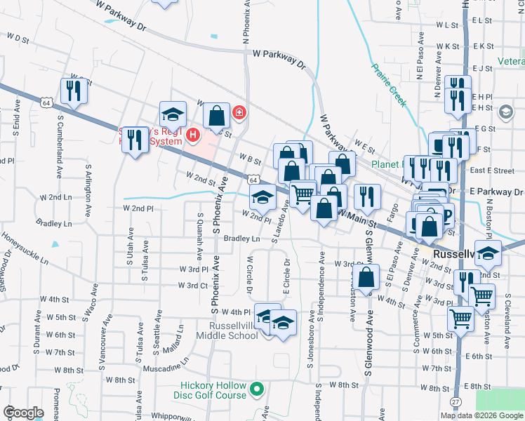 map of restaurants, bars, coffee shops, grocery stores, and more near 1300 West 2nd Place in Russellville