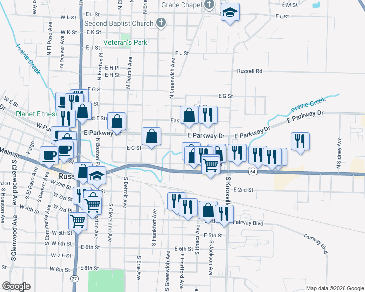 map of restaurants, bars, coffee shops, grocery stores, and more near 209 North Hartford Avenue in Russellville