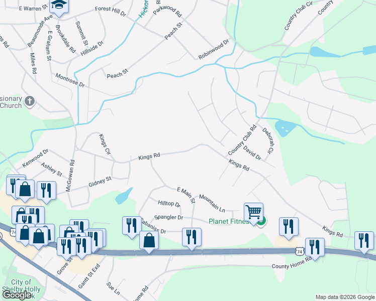 map of restaurants, bars, coffee shops, grocery stores, and more near 1562 Kings Road in Shelby