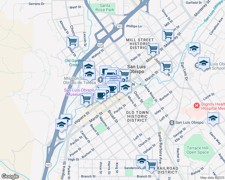 map of restaurants, bars, coffee shops, grocery stores, and more near 796 Higuera Street in San Luis Obispo