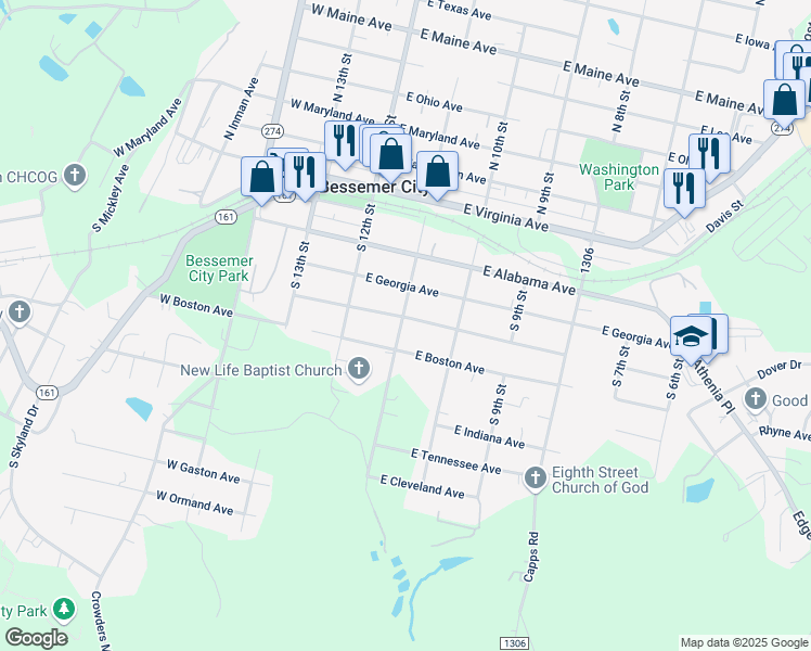 map of restaurants, bars, coffee shops, grocery stores, and more near 212 East Louisiana Avenue in Bessemer City