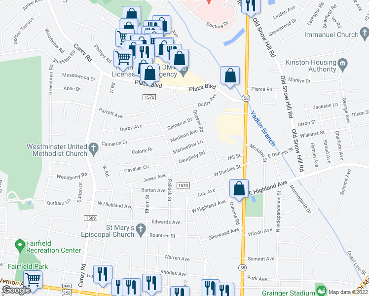 map of restaurants, bars, coffee shops, grocery stores, and more near 616 Meriwether Lane in Kinston