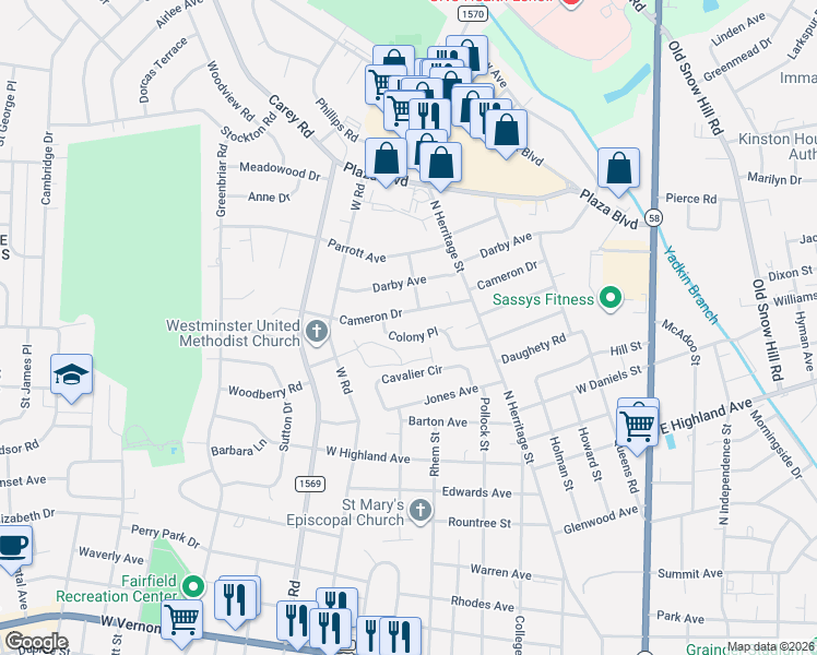 map of restaurants, bars, coffee shops, grocery stores, and more near 760 Colony Place in Kinston