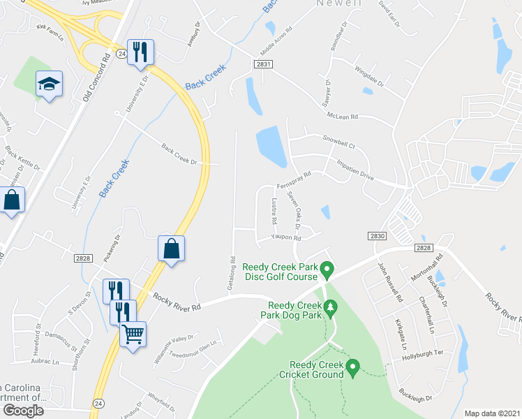 map of restaurants, bars, coffee shops, grocery stores, and more near 9522 Fernspray Road in Charlotte