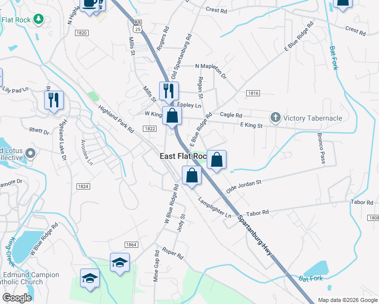 map of restaurants, bars, coffee shops, grocery stores, and more near in East Flat Rock