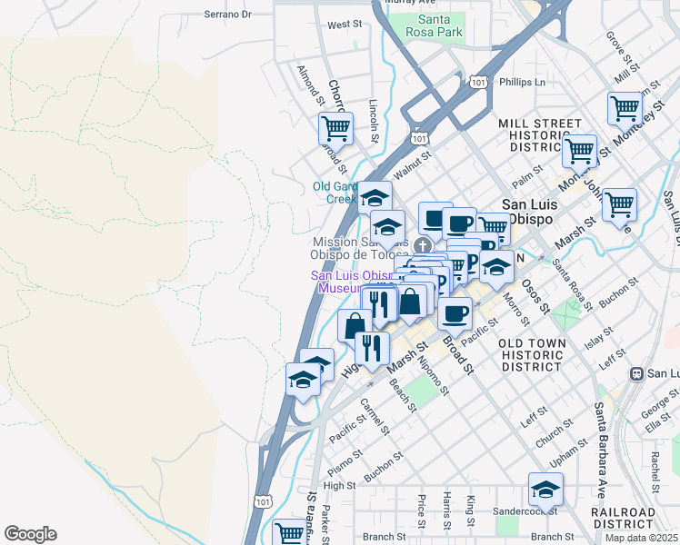 map of restaurants, bars, coffee shops, grocery stores, and more near 557 Brizzolara Street in San Luis Obispo