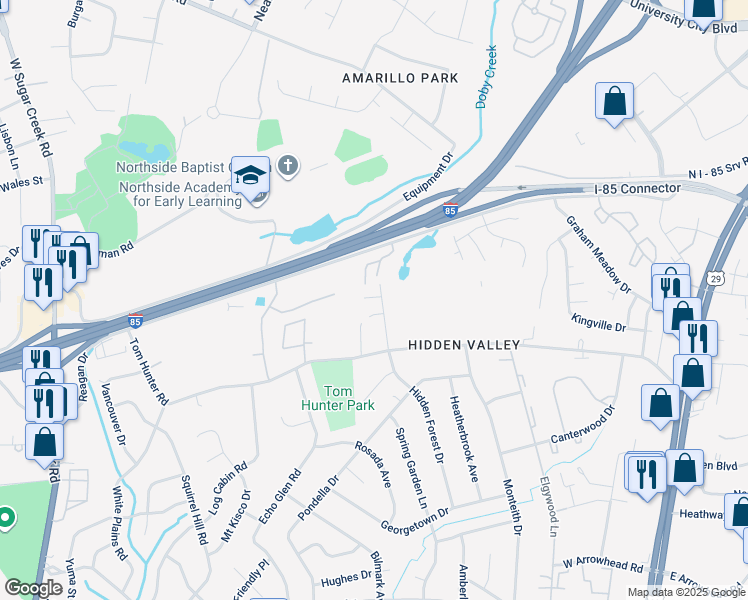 map of restaurants, bars, coffee shops, grocery stores, and more near 6807 Hidden Forest Drive in Charlotte