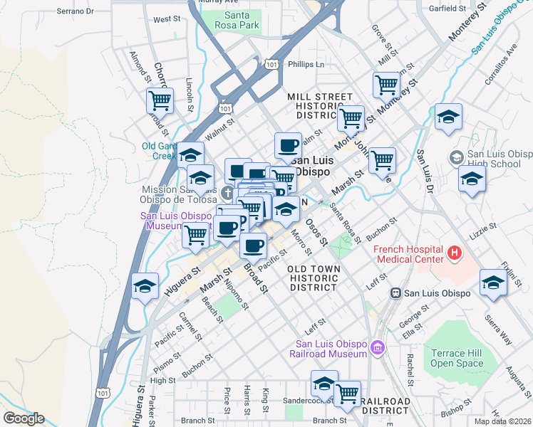 map of restaurants, bars, coffee shops, grocery stores, and more near 872 Higuera Street in San Luis Obispo