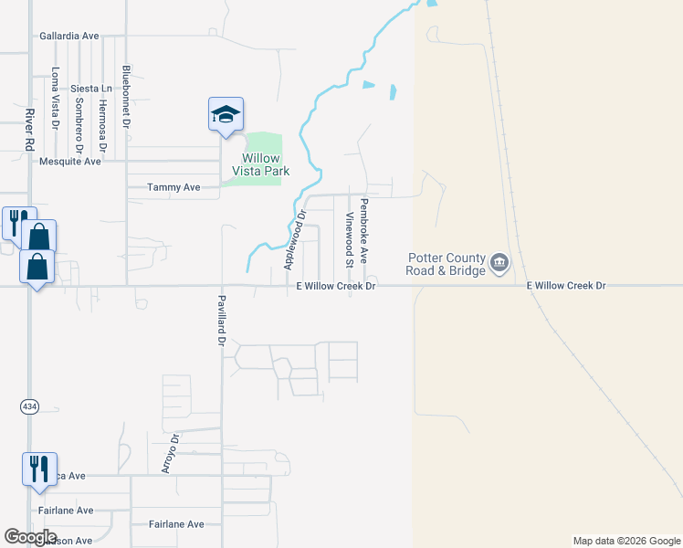 map of restaurants, bars, coffee shops, grocery stores, and more near 519 East Willow Creek Drive in Amarillo