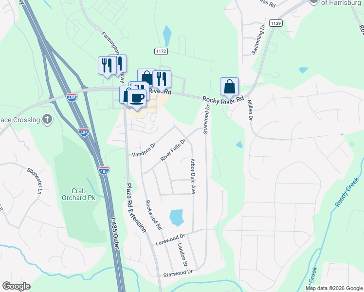 map of restaurants, bars, coffee shops, grocery stores, and more near 5407 River Falls Drive in Charlotte