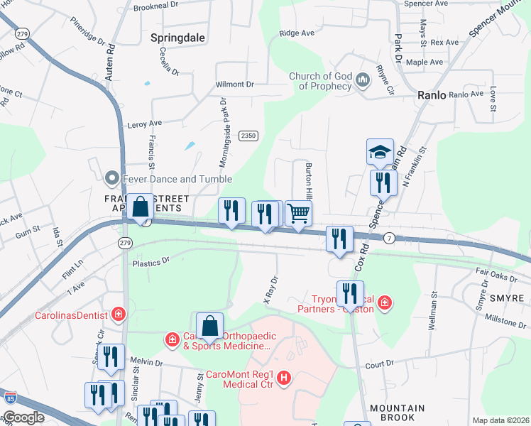 map of restaurants, bars, coffee shops, grocery stores, and more near 2500-2598 Highway 7 in Gastonia