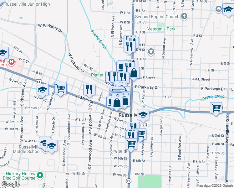 map of restaurants, bars, coffee shops, grocery stores, and more near 320 West C Street in Russellville