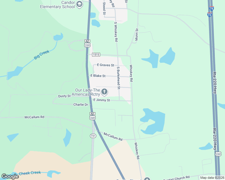 map of restaurants, bars, coffee shops, grocery stores, and more near 213 East Jimmy Street in Candor