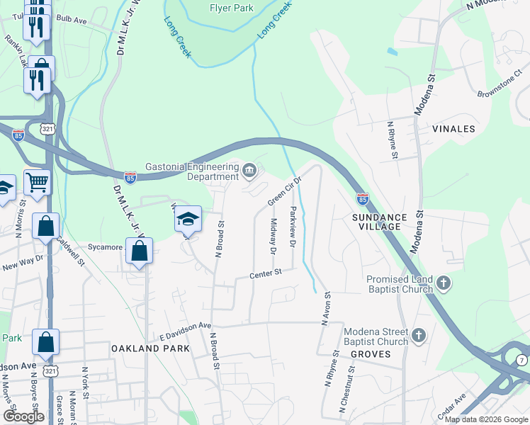 map of restaurants, bars, coffee shops, grocery stores, and more near 1134 Green Circle Drive in Gastonia