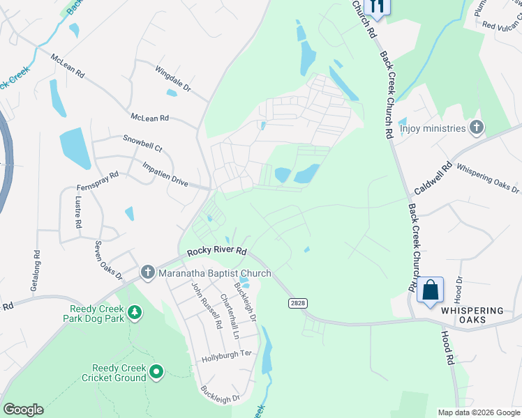map of restaurants, bars, coffee shops, grocery stores, and more near 3425 Rocky River Road in Charlotte