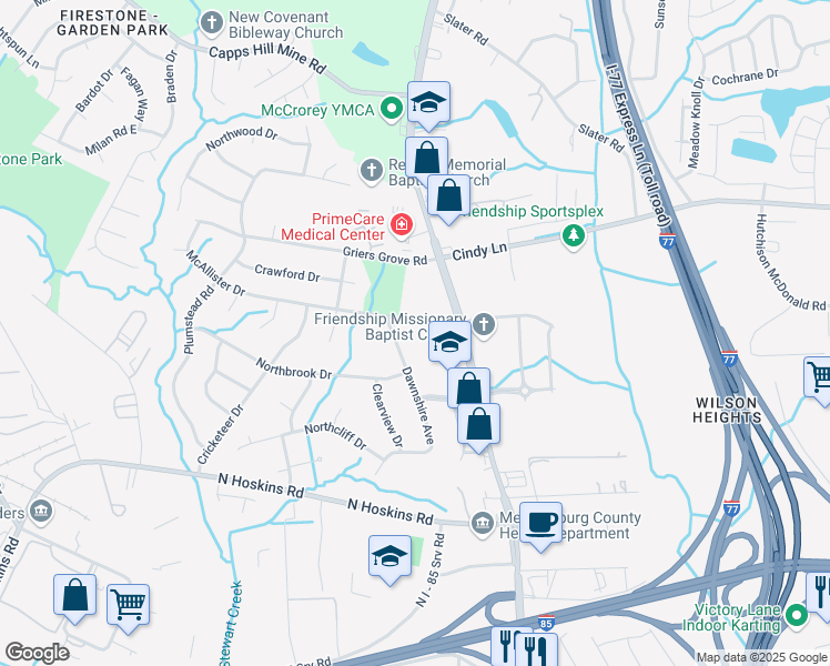 map of restaurants, bars, coffee shops, grocery stores, and more near 3311 Dawnshire Avenue in Charlotte