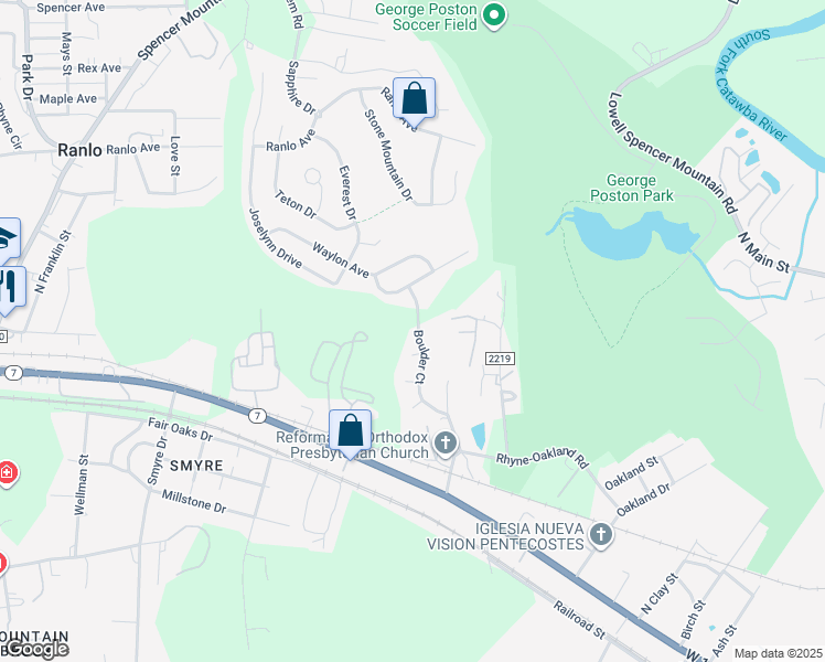 map of restaurants, bars, coffee shops, grocery stores, and more near 2001 River Crest Court in Gastonia