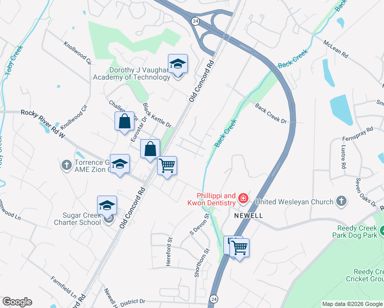 map of restaurants, bars, coffee shops, grocery stores, and more near 1701 Rocky River Road in Charlotte