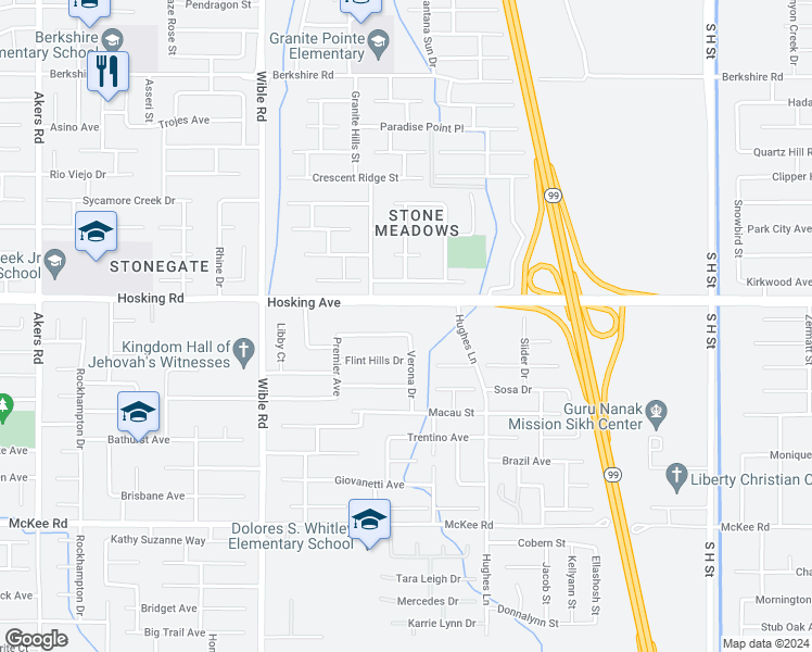 map of restaurants, bars, coffee shops, grocery stores, and more near 2804 Tapo Ridge Drive in Bakersfield