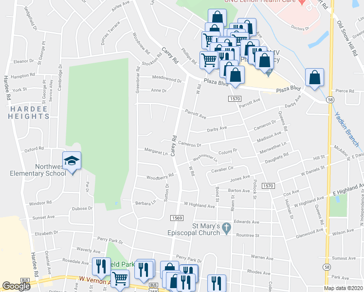 map of restaurants, bars, coffee shops, grocery stores, and more near 1000 Cameron Drive in Kinston
