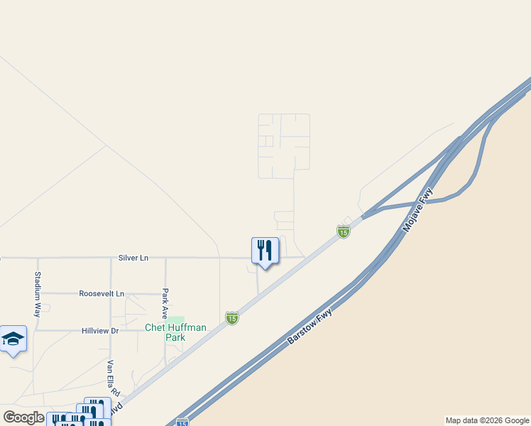 map of restaurants, bars, coffee shops, grocery stores, and more near 72999 Paradise Lane in Baker