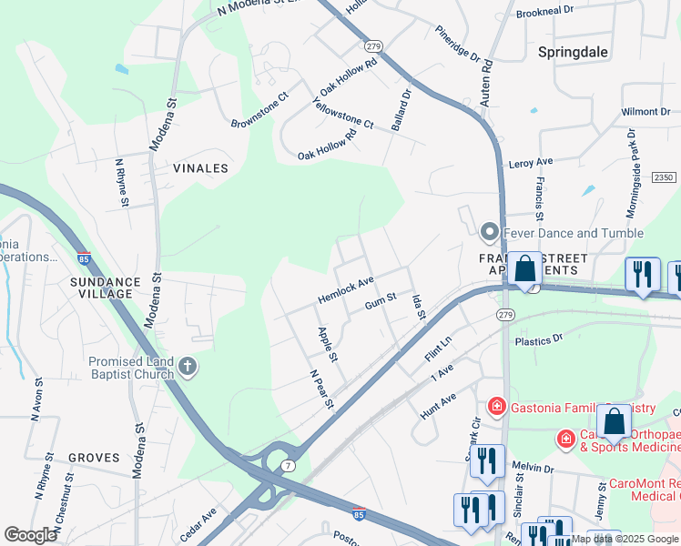 map of restaurants, bars, coffee shops, grocery stores, and more near 1809 Stowe Avenue in Gastonia