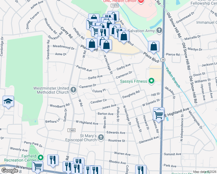 map of restaurants, bars, coffee shops, grocery stores, and more near 736 Colony Place in Kinston