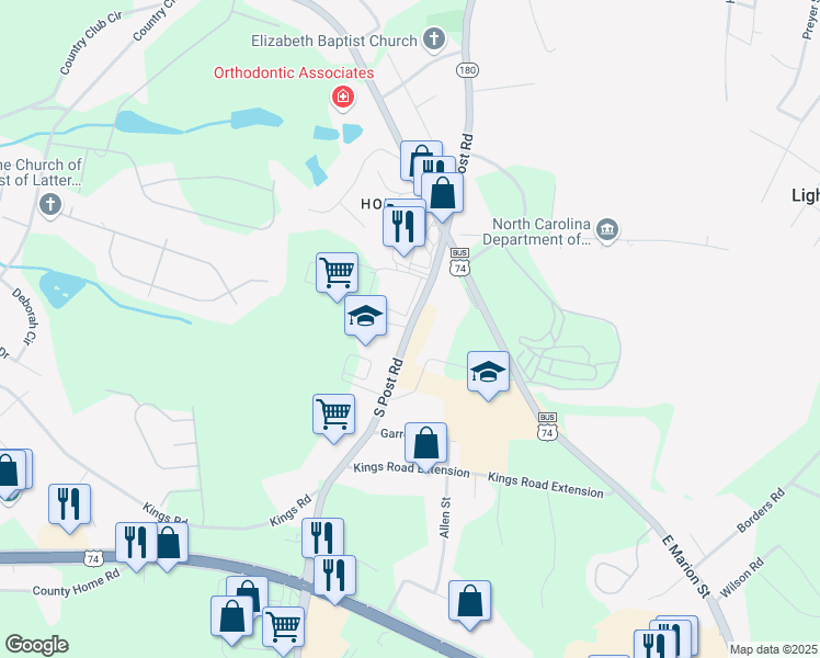 map of restaurants, bars, coffee shops, grocery stores, and more near 137 South Post Road in Shelby