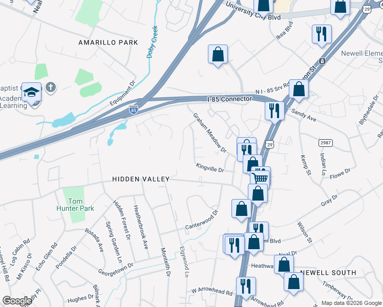 map of restaurants, bars, coffee shops, grocery stores, and more near 441 Kingville Drive in Charlotte
