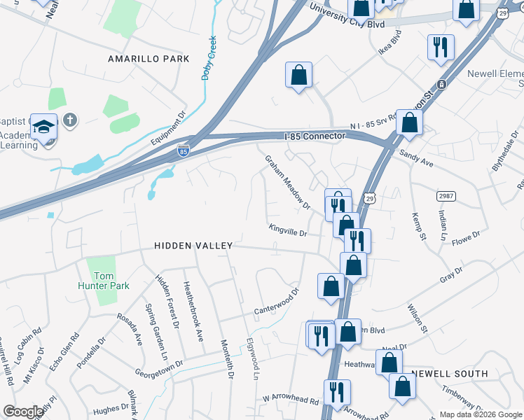map of restaurants, bars, coffee shops, grocery stores, and more near 441 Kingville Drive in Charlotte