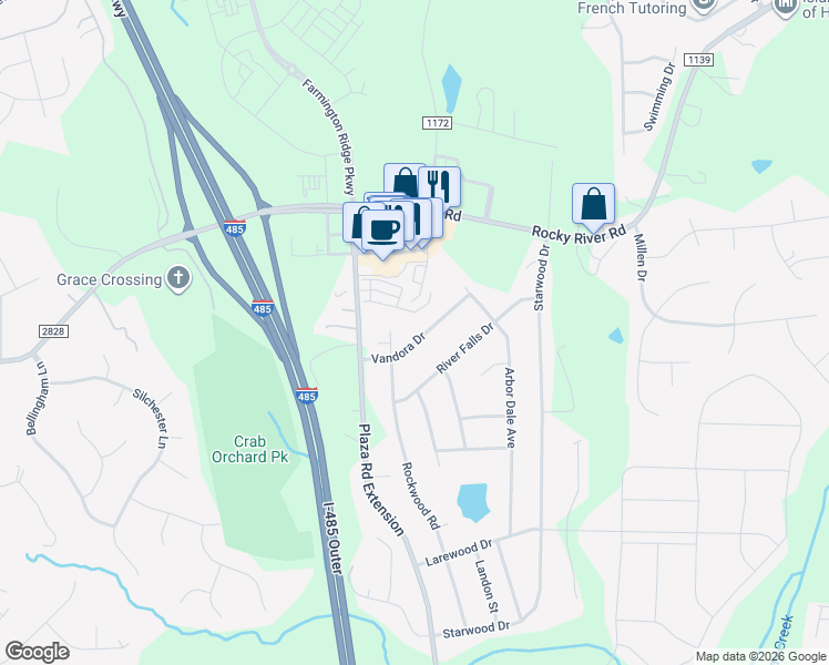 map of restaurants, bars, coffee shops, grocery stores, and more near 5617 Vandora Drive in Charlotte