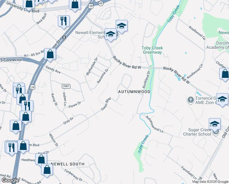 map of restaurants, bars, coffee shops, grocery stores, and more near 1041 Owen Boulevard in Charlotte