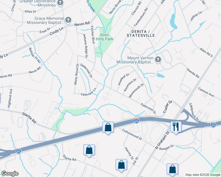 map of restaurants, bars, coffee shops, grocery stores, and more near Dalecrest Drive & Wynbrook Way in Charlotte