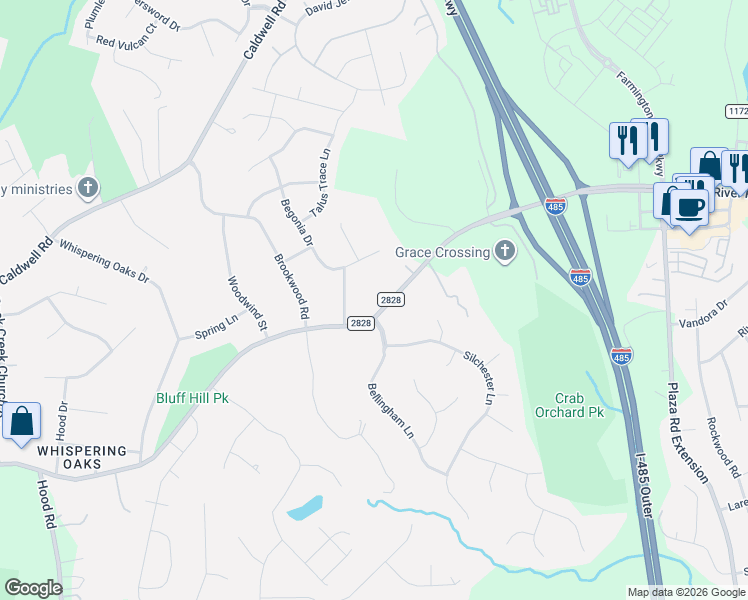 map of restaurants, bars, coffee shops, grocery stores, and more near 5215 Rocky River Road in Charlotte