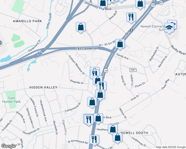 map of restaurants, bars, coffee shops, grocery stores, and more near 201 Graham Meadow Drive in Charlotte