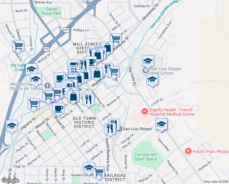 map of restaurants, bars, coffee shops, grocery stores, and more near 1176 Pismobuchon Alley in San Luis Obispo