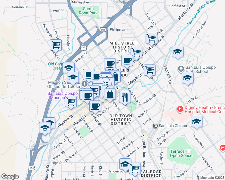 map of restaurants, bars, coffee shops, grocery stores, and more near in San Luis Obispo