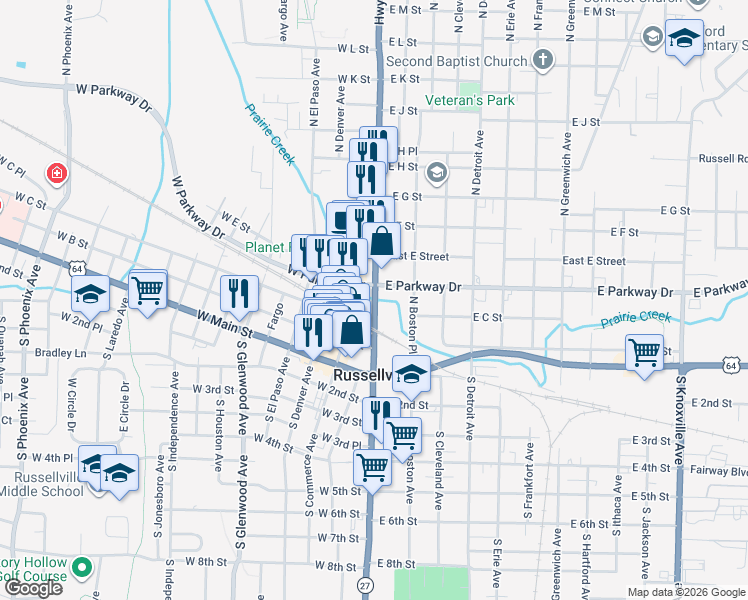 map of restaurants, bars, coffee shops, grocery stores, and more near 351 Highway 7 in Russellville