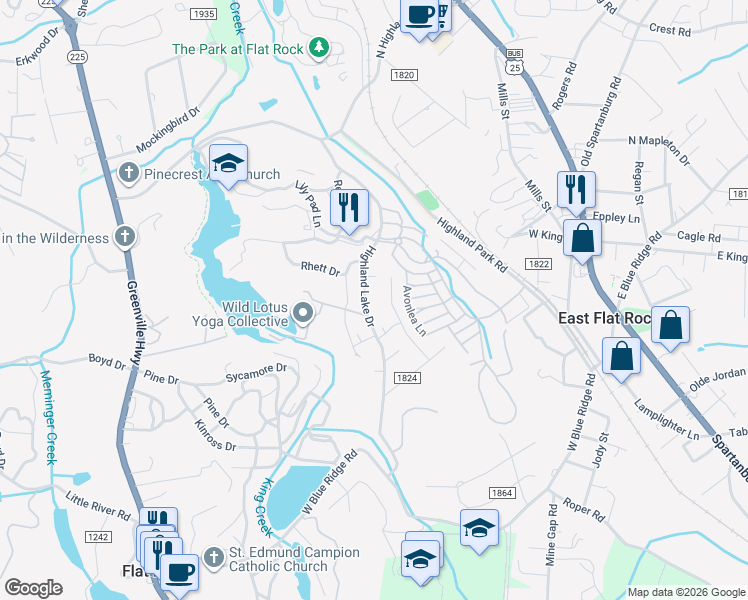 map of restaurants, bars, coffee shops, grocery stores, and more near 231 Highland Lake Drive in Flat Rock