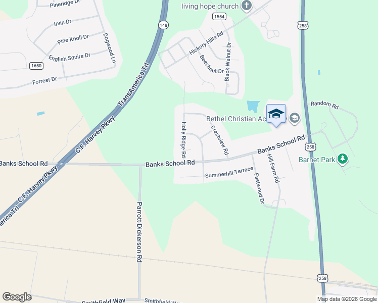 map of restaurants, bars, coffee shops, grocery stores, and more near 2205 Banks School Road in Kinston