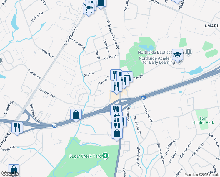 map of restaurants, bars, coffee shops, grocery stores, and more near 5125 Equipment Drive in Charlotte