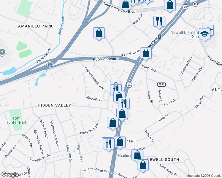 map of restaurants, bars, coffee shops, grocery stores, and more near 219 Orchard Trace Lane in Charlotte