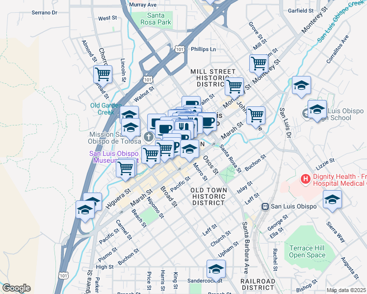 map of restaurants, bars, coffee shops, grocery stores, and more near 900 Higuera Street in San Luis Obispo