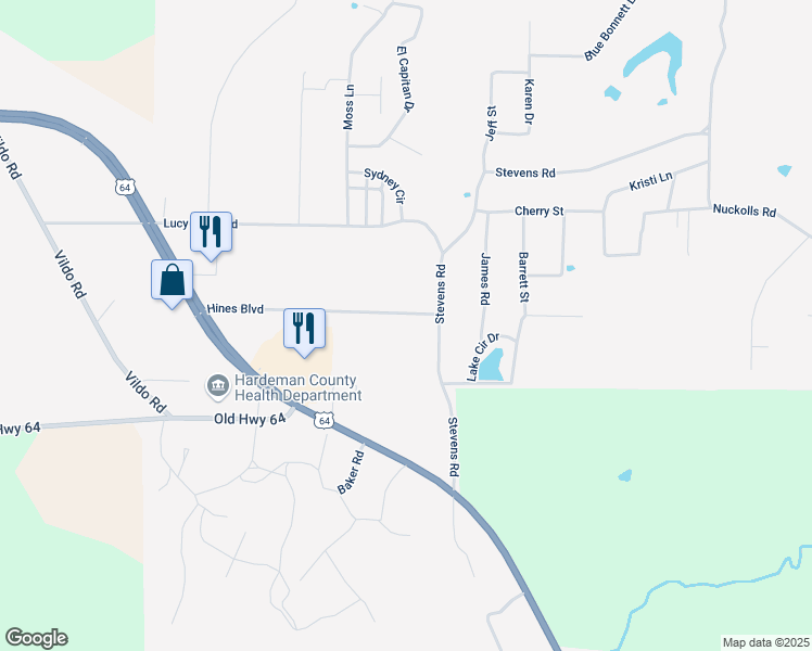 map of restaurants, bars, coffee shops, grocery stores, and more near 102 Hines Boulevard in Bolivar