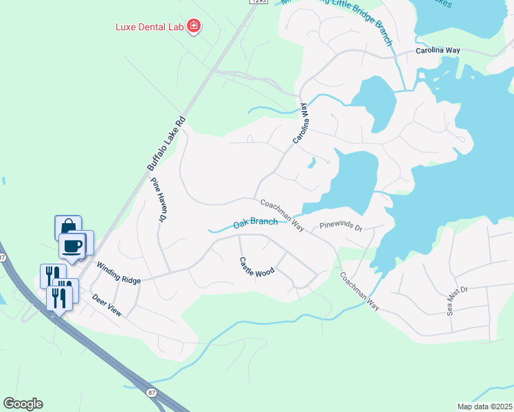 map of restaurants, bars, coffee shops, grocery stores, and more near 424 Coachman Way in Sanford