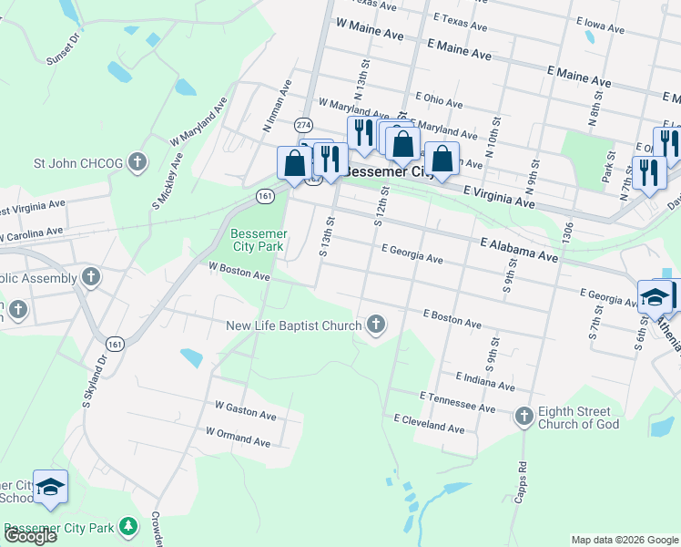 map of restaurants, bars, coffee shops, grocery stores, and more near 112 West Louisiana Avenue in Bessemer City